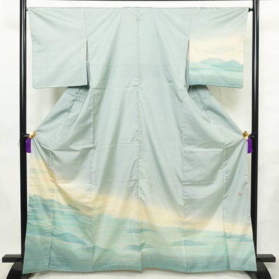 付け下げ 落款入り 一つ紋付き 正絹 風景柄 袷仕立て 身丈164.5cm 裄丈65cm リサイクル着物 着物 紬地 緑・うぐいす色