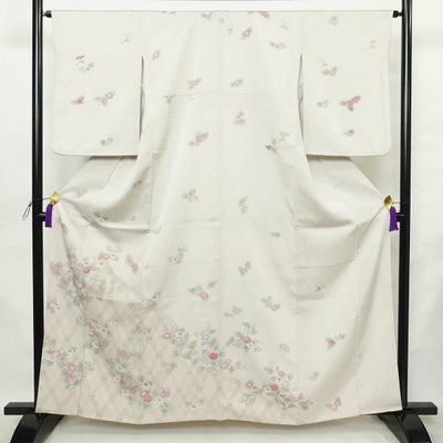 訪問着 良品 縮緬 一つ紋付き 正絹 花柄 袷仕立て 身丈161.5cm 裄丈64cm リサイクル着物 着物 七五三 お宮参り フォーマル グレー