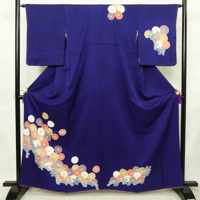付け下げ しつけ糸付き 正絹 花柄 袷仕立て 身丈162cm 裄丈64.5cm リサイクル着物 着物 刺繍 入学式 結婚式 七五三 お宮参り フォーマル 青・紺