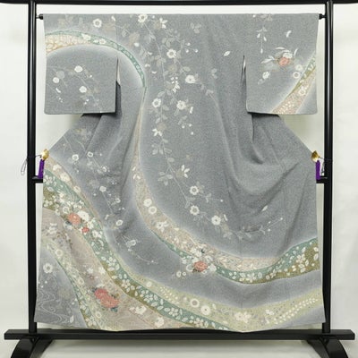 訪問着 縮緬 正絹 古典柄 袷仕立て 身丈154.5cm 裄丈65cm リサイクル着物 着物 金彩 入学式 結婚式 七五三 お宮参り フォーマル 青・紺