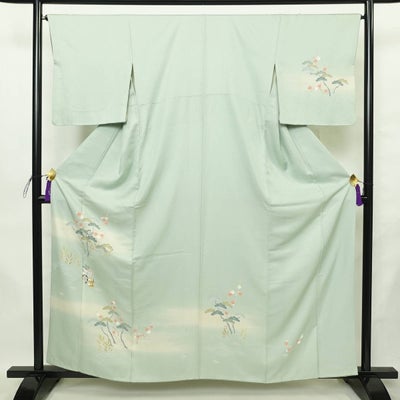 付け下げ 正絹 風景柄 袷仕立て 身丈159.5cm 裄丈65cm リサイクル着物 着物 入学式 結婚式 七五三 お宮参り フォーマル 御所車 松竹梅 緑・うぐいす色