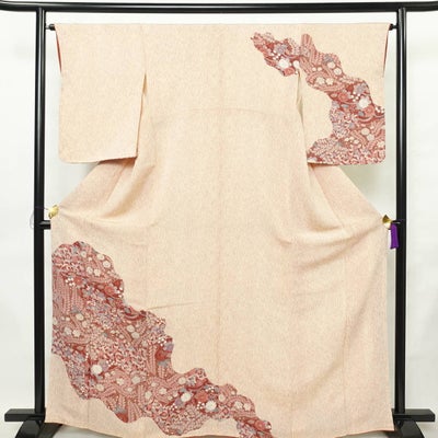 訪問着 縮緬 正絹 花柄 袷仕立て 身丈165cm 裄丈65cm リサイクル着物 一部しつけ糸付き 着物 入学式 結婚式 七五三 お宮参り フォーマル ベージュ