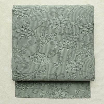 名古屋帯 全通柄 美品 正絹 木の葉・植物柄 名古屋仕立て なごや帯 リサイクル帯 帯 緑・うぐいす色