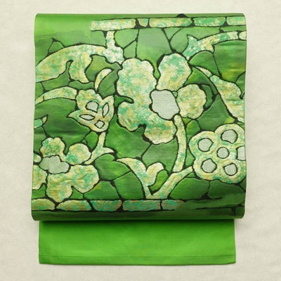 名古屋帯 太鼓柄 正絹 木の葉・植物柄 名古屋仕立て なごや帯 リサイクル帯 帯 箔 緑・うぐいす色