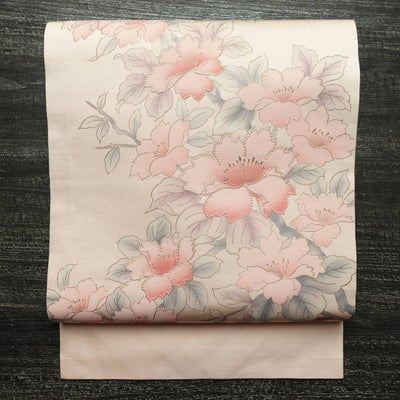 名古屋帯 太鼓柄 良品 相良刺繍 正絹 花柄 名古屋仕立て なごや帯 リサイクル帯 帯 刺繍 金彩 ピンク