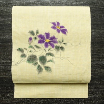 名古屋帯 太鼓柄 良品 落款入り 混紡 花柄 松葉仕立て なごや帯 リサイクル帯 帯 クリーム