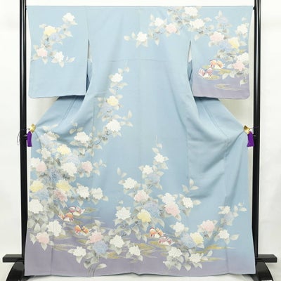 訪問着 美品 しつけ糸付き 一つ紋付き 正絹 花柄 袷仕立て 身丈166.5cm 裄丈66.5cm リサイクル着物 着物 刺繍 箔 共八掛 入学式 卒業式 結婚式 七五三 パーティー お宮参り フォーマル 青・紺