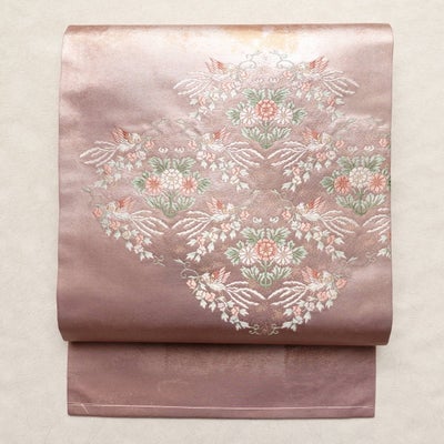 名古屋帯 太鼓柄 美品 正絹 花柄 名古屋仕立て なごや帯 リサイクル帯 一部しつけ糸付き 帯 箔 引箔 ピンク