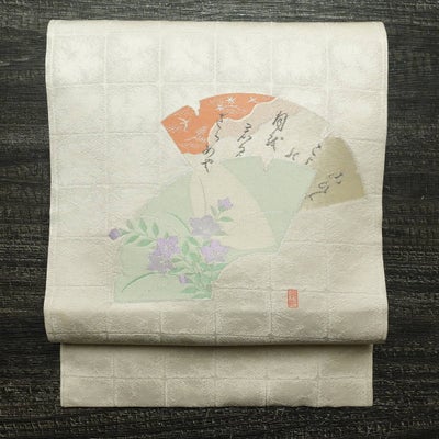 名古屋帯 太鼓柄 落款入り 正絹 古典柄 名古屋仕立て なごや帯 リサイクル帯 帯 銀糸 グレー