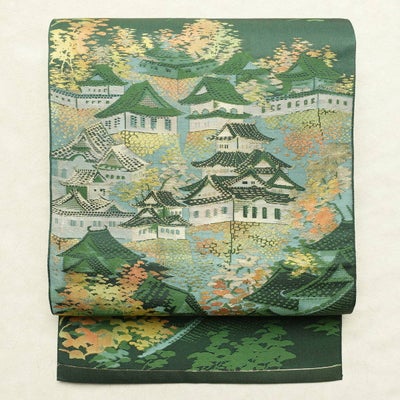 名古屋帯 六通柄 良品 正絹 風景柄 通し仕立て なごや帯 リサイクル帯 帯 緑・うぐいす色